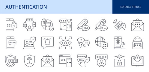 Vector icons authentication. Symbols of registration, password, 2FA, OTP. Receive sms, email confirmation, push notification. Secure account, fingerprint access, biometrics. Editable stroke thin set.