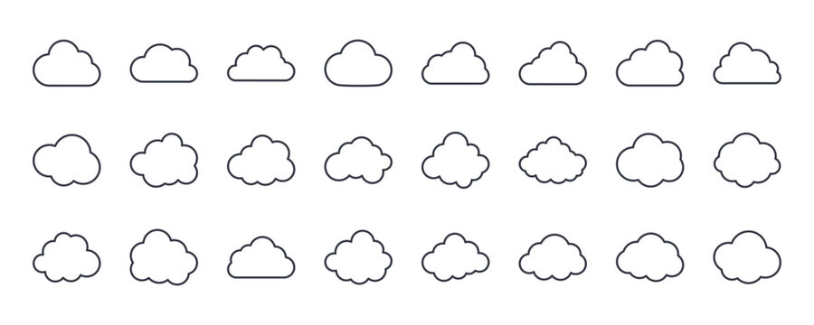 Vector cloud icons. Editable stroke thin line set. Natural weather symbol of rain, cloud services, hosting.