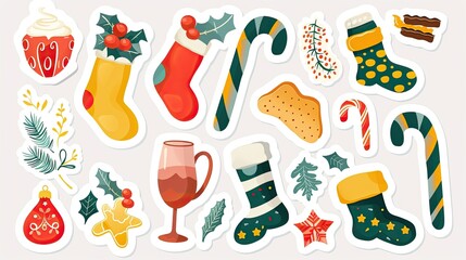 A set of Christmas stickers featuring hot cocoa, candy canes