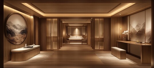 Elegant wooden interior of a modern hotel suite featuring serene mountain artwork and soft lighting during evening hours