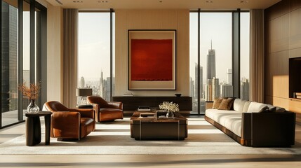 A high-end living room with sleek furniture, modern art, and a panoramic view of the city skyline.