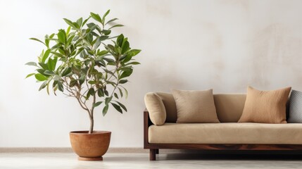A cozy living room featuring a stylish sofa and a vibrant potted plant in a bright, modern space during daylight