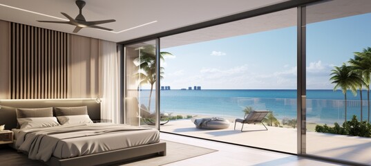 Fototapeta premium Modern beachfront bedroom with ocean view and tropical surroundings during sunny daytime