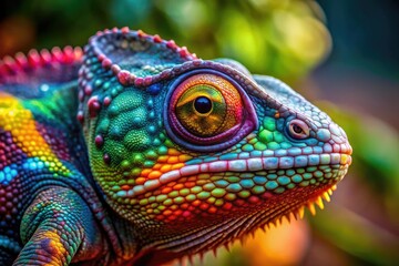 Fototapeta premium Chameleon Kaleidoscope: Shifting hues, intricate skin textures, and an ethereal, otherworldly aura.