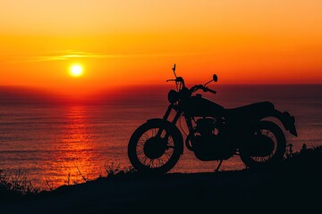 A silhouette of an old motorcycle against the backdrop of a beautiful sunset