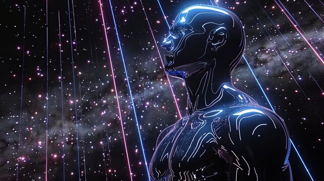 A futuristic robotic figure stands out against a stunning cosmic space background with stars