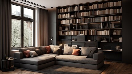 Cozy living room with large bookshelf and modern sectional sofa enhancing comfort and elegance in a bright setting