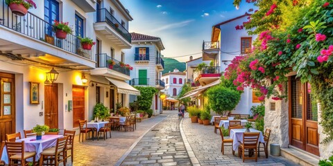 Fototapeta premium Charming whitewashed buildings line a picturesque street in Skiathos, Greece, filled with inviting cafes and restaurants, perfect for a relaxing holiday in the Sporades islands.