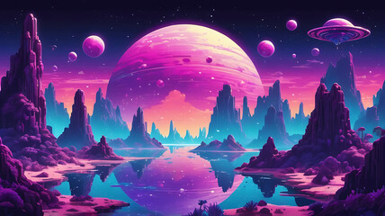 Fototapeta premium A pixelated alien planet with vibrant purple landscapes, floating islands, and glowing crystals under a swirling galaxy