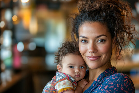 A mother lovingly holds her baby in a cozy caf&eacute; setting, showcasing a warm moment between them during a sunny afternoon.