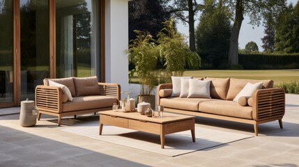 Obraz premium Elegant outdoor seating area featuring wooden furniture and decorative cushions in a sunny garden setting