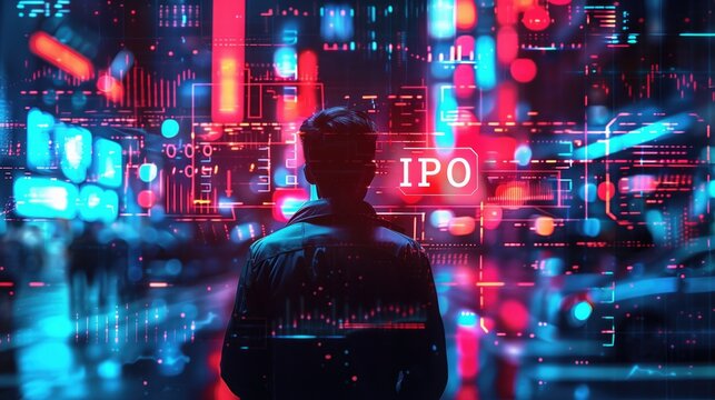 Silhouette of Businessman Analyzing Digital Information on IPO in Futuristic Cityscape