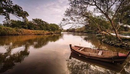 Obraz premium A small, narrow boat traditionally used by indigenous peoples for fishing and transport.