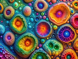 Chromatic Microscopy: An abstract exploration of vibrant cell patterns and microscopic textures, highlighting the intricate beauty of science in a rainbow of colors.