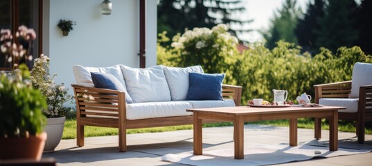 Fototapeta premium Comfortable outdoor seating arrangement on a sunny patio surrounded by greenery and flowers in a serene residential setting