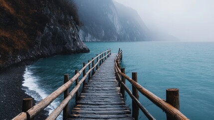A wooden pier extends into a tranquil blue lake, surrounded by rugged mountains and mist, capturing a serene and peaceful nature scene evocative of quiet reflection.