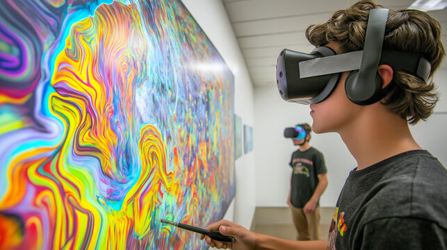 A young artist creates vibrant NFT artwork using VR technology in a futuristic studio with collaborating peers