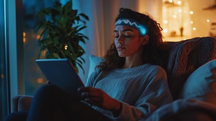 Young woman using neurofeedback technology while relaxing in her cozy living room during the evening