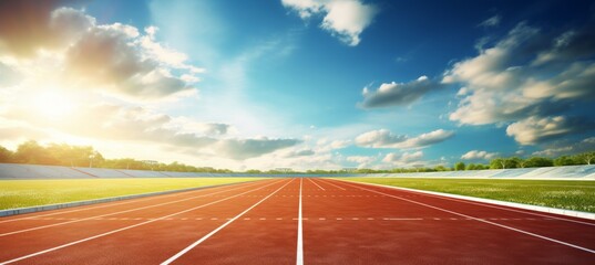 A vibrant track field under a clear sky at sunset, inviting athletes to train and compete on a warm afternoon in a serene environment
