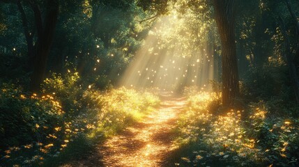 Obraz premium Peaceful forest path with soft sunlight filtering through trees