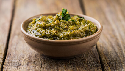 Bowl of green curry paste on a wooden background. Food and spice concept.