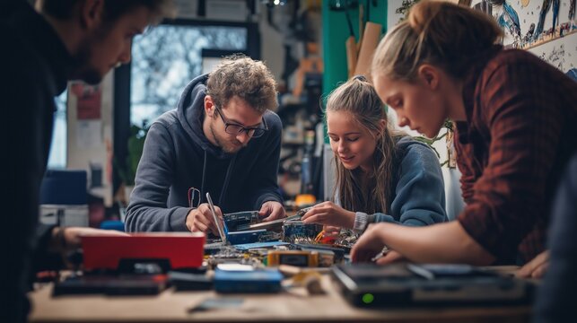 Diverse group collaborates at community repair cafe to fix electronics promoting ethical consumption and sustainability