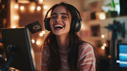Smiling Woman Recording Podcast