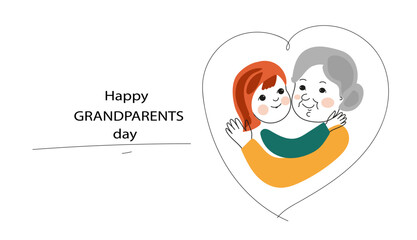 grandmother hugging her little granddaughter. doodle hand-drawn vector linear illustration. Happy grandparents Day greeting card.  forget-me-not flower is a symbol of the holiday. 