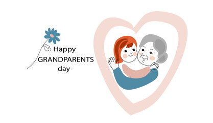 Obraz premium grandmother hugging her little granddaughter. doodle hand-drawn vector linear illustration. Happy grandparents Day greeting card. forget-me-not flower is a symbol of the holiday. 