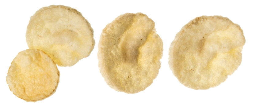 Salty Crispy Potato Snack. Chips Isolated On a White Background. Round Shaped Crisps. Round Potato Puffs.  Party Food. Thin, Crunchy Cereal Wafers, Perfect Party Snack. Quick Salty Snack.
