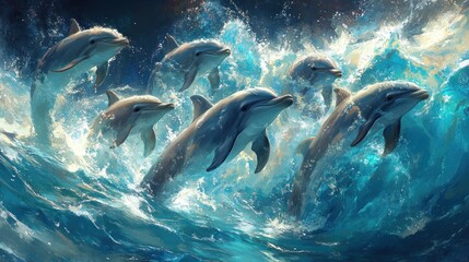Obraz premium Dolphins Leaping Through Waves