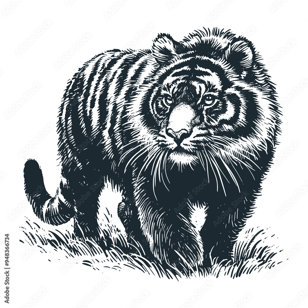 Sticker The wild tiger. Black white vector illustration.
