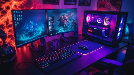 Modern gaming setup in a dark room featuring dual monitors, RGB lighting, and esports trophies