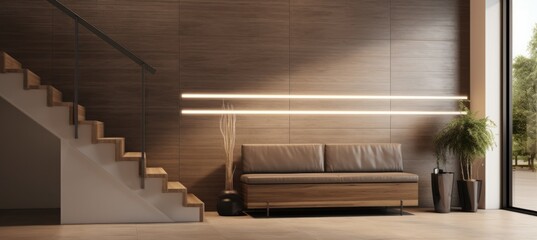 Obraz premium Contemporary interior design featuring a minimalist seating area and elegant staircase in a modern home