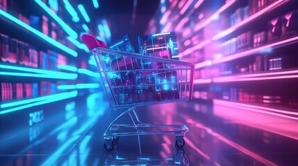 A shopping cart filled with digital products in a 3D virtual space, surrounded by bright neon elements.