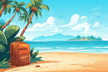 Fototapeta premium A vibrant beach scene featuring a suitcase among palm trees on a sunny day by the ocean with distant islands in view