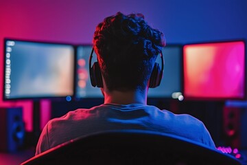 A focused gamer sits with headphones on, illuminated by colorful lighting from a multi-screen setup, embodying the world of online gaming and streaming.