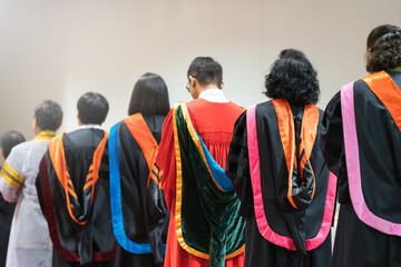 University Professors at Graduate Ceremony. Rear view of university professors in academic regalia...