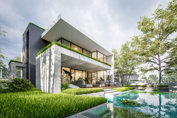 Naklejka premium 3d rendering of flat roof house with parking and pool for sale or rent with concrete facade and beautiful landscaping. Clear summer evening with cozy light from window