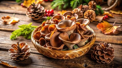 Fototapeta premium Close-up of freshly picked wood ear mushrooms with delicate caps and stems, arranged on a rustic wooden background, symbolizing autumnal foraging and earthy cuisine.