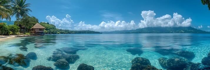 Obraz premium Picturesque Island Retreat with Turquoise Lagoon and Thatched Hut in Paradise