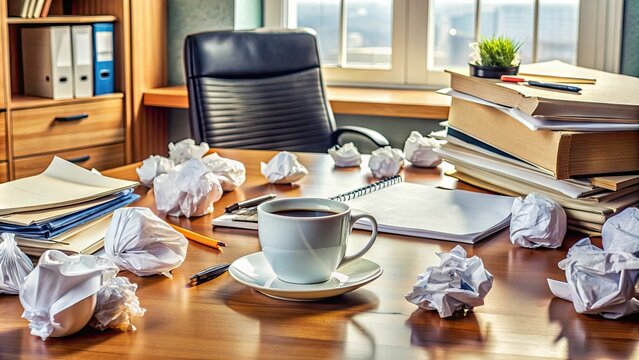 Cluttered office desk with scattered documents, notebooks, and pens surrounded by empty coffee cups and a few crumpled up paper balls in the background.
