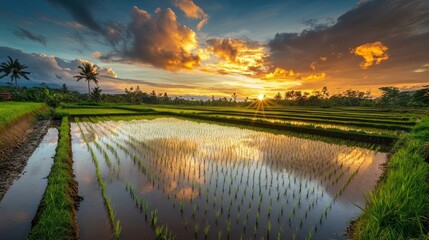 Obraz premium A serene rice field at sunset, with the sky reflecting on the flooded paddies, creating a mirror-like effect.
