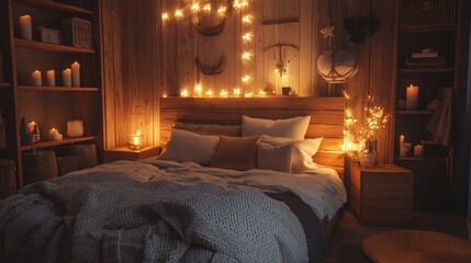 A warm and inviting bedroom setup with fairy lights, soft blankets, and wooden furniture, perfect for a relaxing evening.