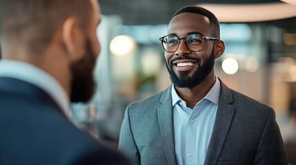 A business owner discussing insurance options with an agent in a modern office. copy space for text.