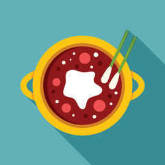 Hot steaming borscht served in yellow pot with sour cream and green onions, top view