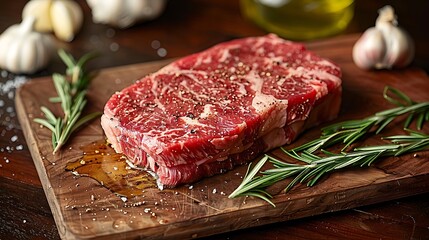 A close-up shot of a raw porterhouse steak on a wooden wooden board, olive oil glistening on the surface, fresh rosemary and garlic bulbs placed nearby, dramatic side lighting creating deep contrasts,