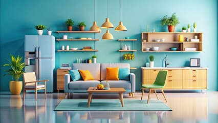Colorful 3D illustration of a tidy modern household interior with furniture, appliances, and decorative objects in a minimalist style against a soft blue background.
