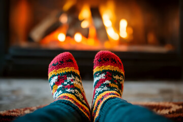 Feet in warm knitted multicolored socks in front of a cozy fireplace on Christmas
