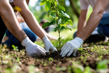 Fototapeta premium People planting a young tree in the ground, promoting environmental sustainability.